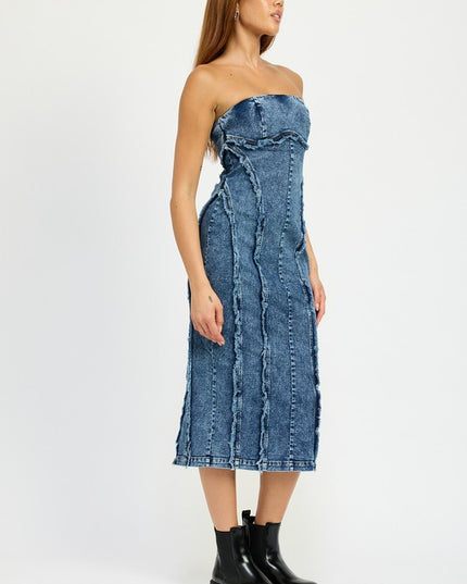 Frayed Denim Midi Dress - Pikemla