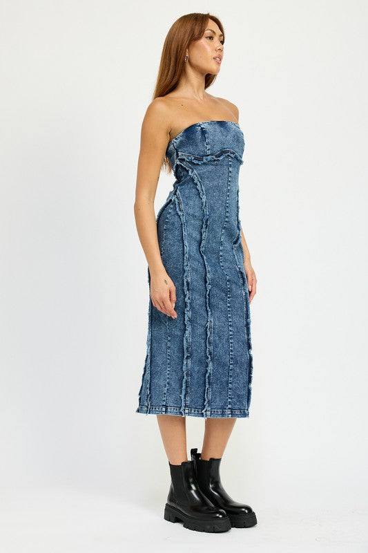 Frayed Denim Midi Dress - Pikemla