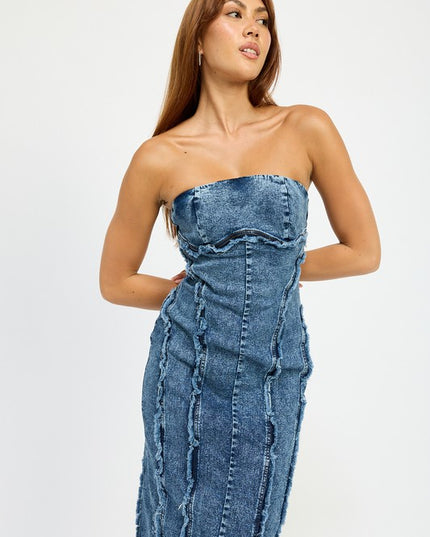 Frayed Denim Midi Dress - Pikemla