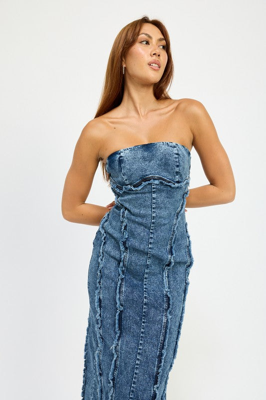 Frayed Denim Midi Dress - Pikemla
