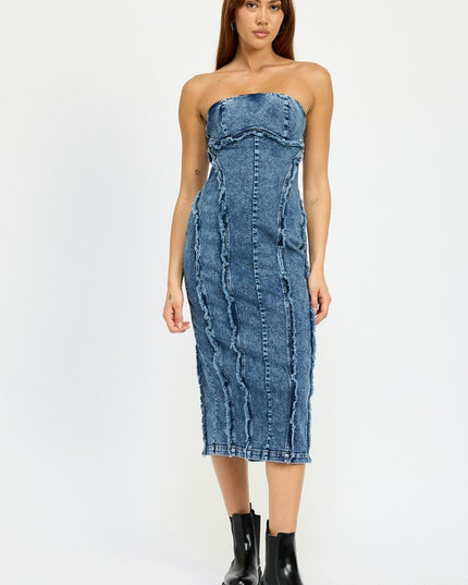 Frayed Denim Midi Dress - Pikemla