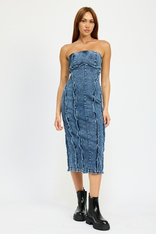 Frayed Denim Midi Dress - Pikemla