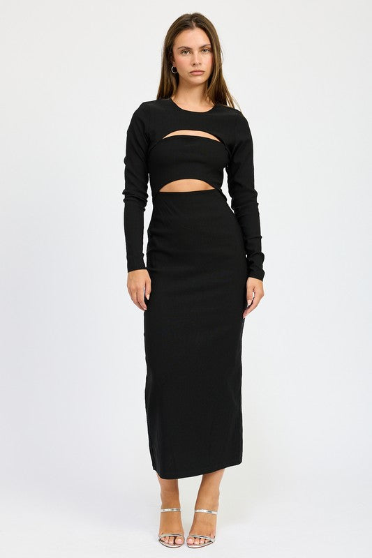 LONG SLEEVE CUTOUT MIDI DRESS - Pikemla