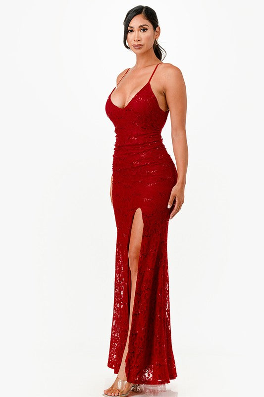Shimmery Lace Open-Back Gown - Pikemla