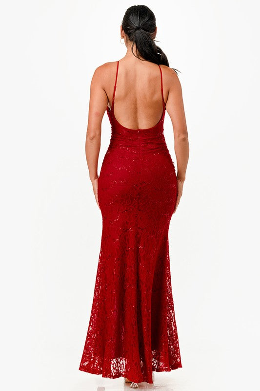 Shimmery Lace Open-Back Gown - Pikemla