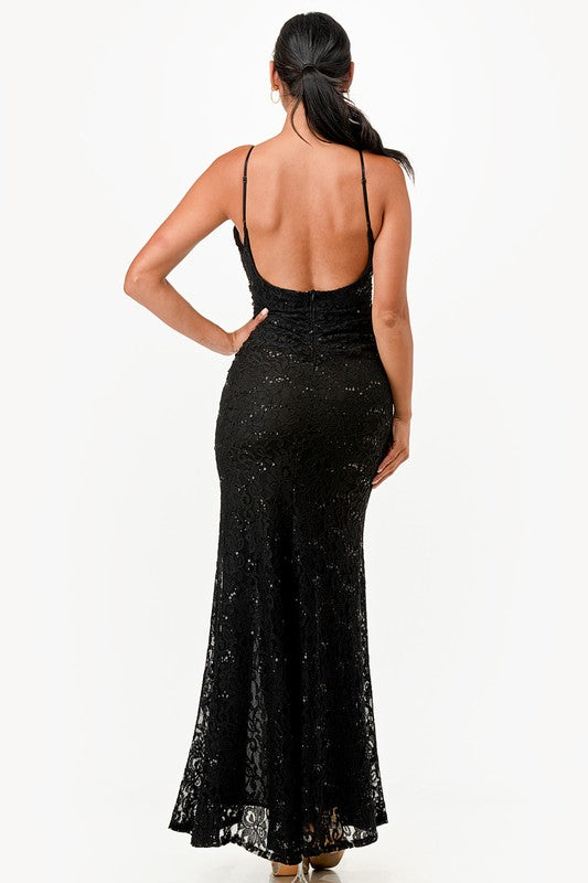 Shimmery Lace Open-Back Gown - Pikemla