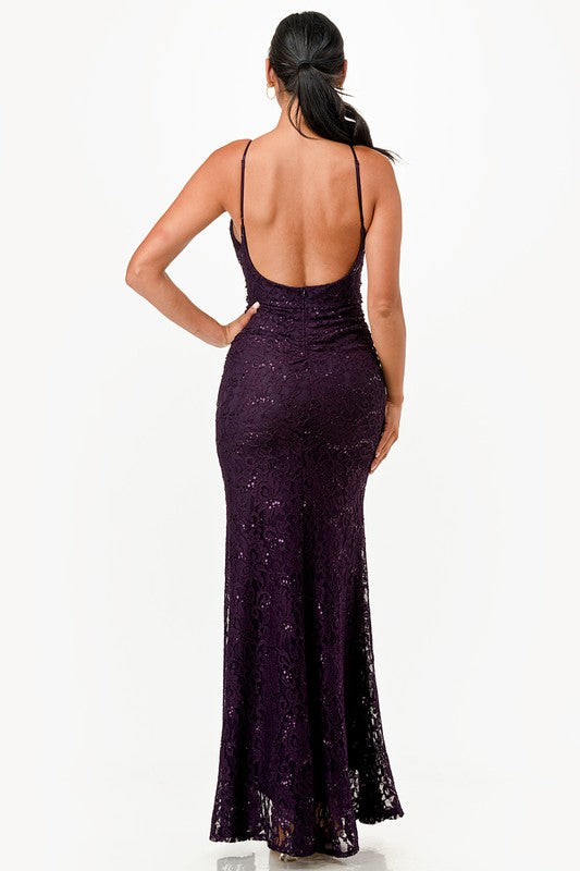 Shimmery Lace Open-Back Gown - Pikemla