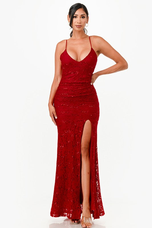 Shimmery Lace Open-Back Gown - Pikemla