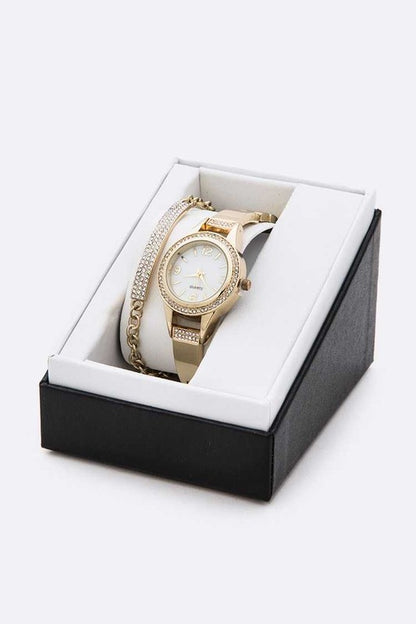 Crystal Bezel Bracelet Watch Set - Pikemla