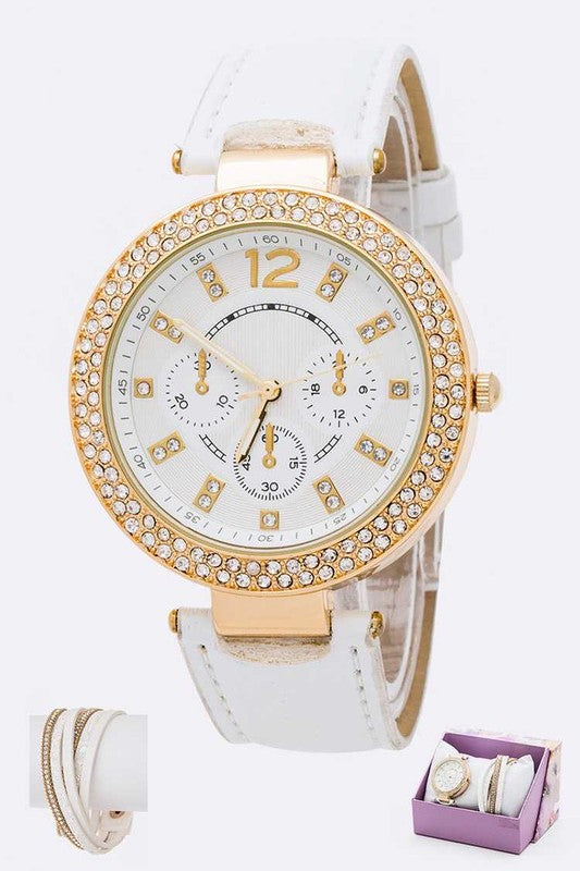 Crystal Bezel Fashion Watch Bracelet Set - Pikemla