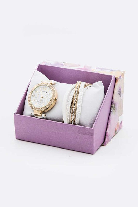 Crystal Bezel Fashion Watch Bracelet Set - Pikemla