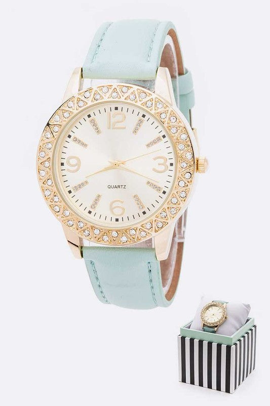 Crystal Bezel Leather Band Fashion Watch - Pikemla