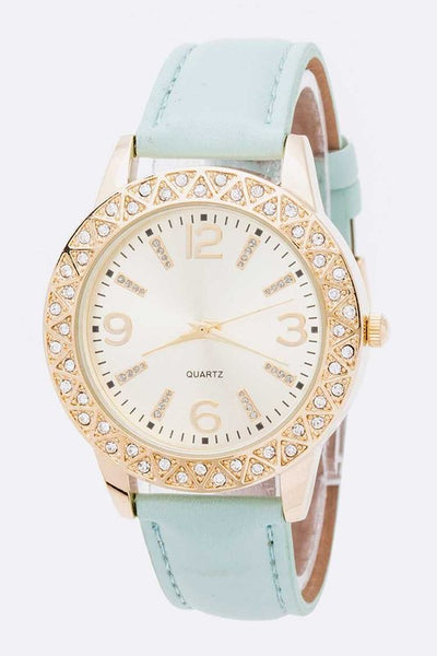 Crystal Bezel Leather Band Fashion Watch - Pikemla