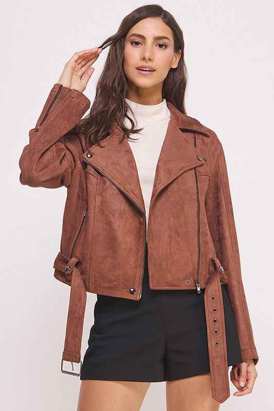 BELTED LONG SLEEVE ZIPPERED SUEDE MOTO JACKET