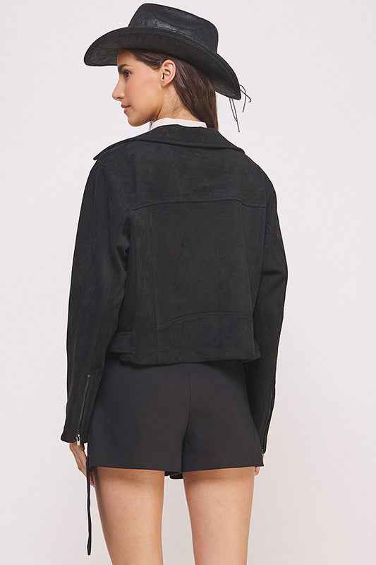 PLUS BELTED LONG SLEEVE ZIPPERED SUEDE MOTO JACKET - Pikemla