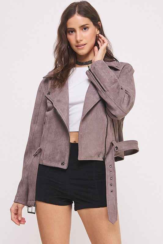 PLUS BELTED LONG SLEEVE ZIPPERED SUEDE MOTO JACKET - Pikemla