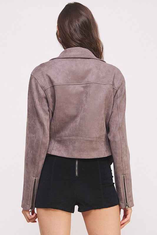 PLUS BELTED LONG SLEEVE ZIPPERED SUEDE MOTO JACKET - Pikemla