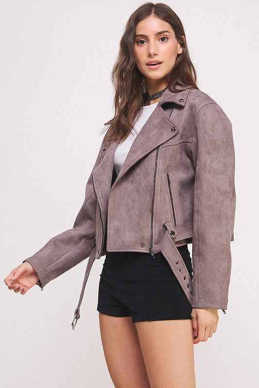 PLUS BELTED LONG SLEEVE ZIPPERED SUEDE MOTO JACKET - Pikemla