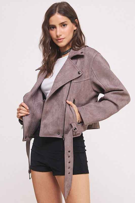PLUS BELTED LONG SLEEVE ZIPPERED SUEDE MOTO JACKET - Pikemla