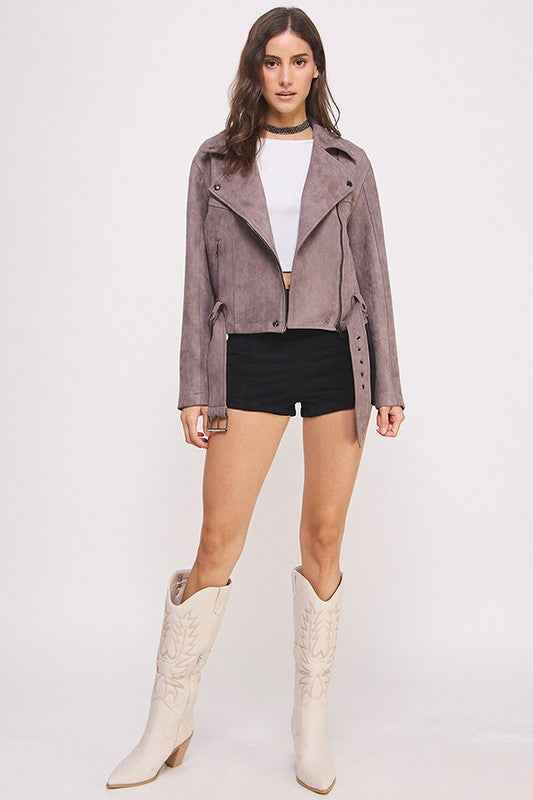 PLUS BELTED LONG SLEEVE ZIPPERED SUEDE MOTO JACKET - Pikemla