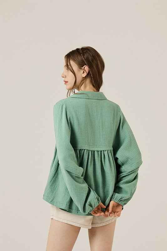 Plus V-neck Bubble Slv Cotton gauze Babydoll Top