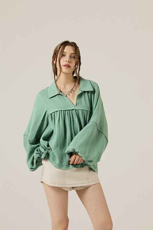 Plus V-neck Bubble Slv Cotton gauze Babydoll Top