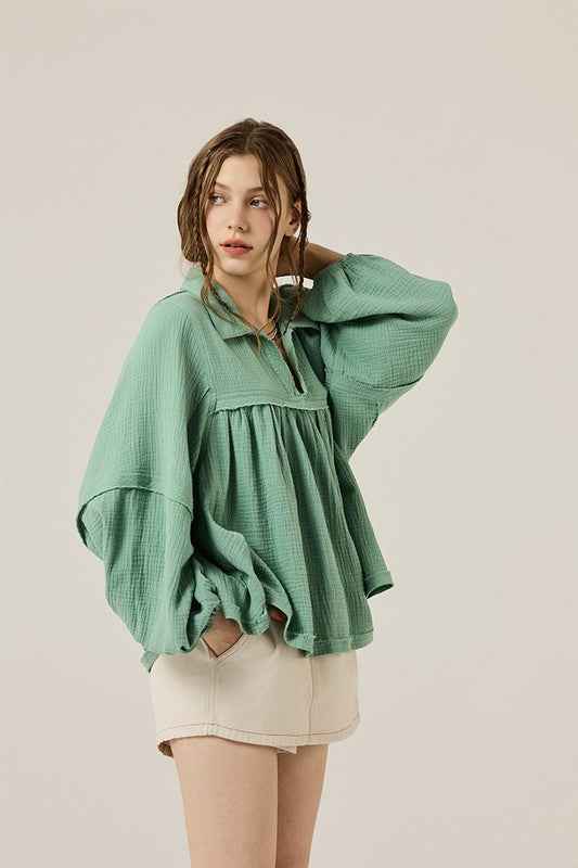 Plus V-neck Bubble Slv Cotton gauze Babydoll Top