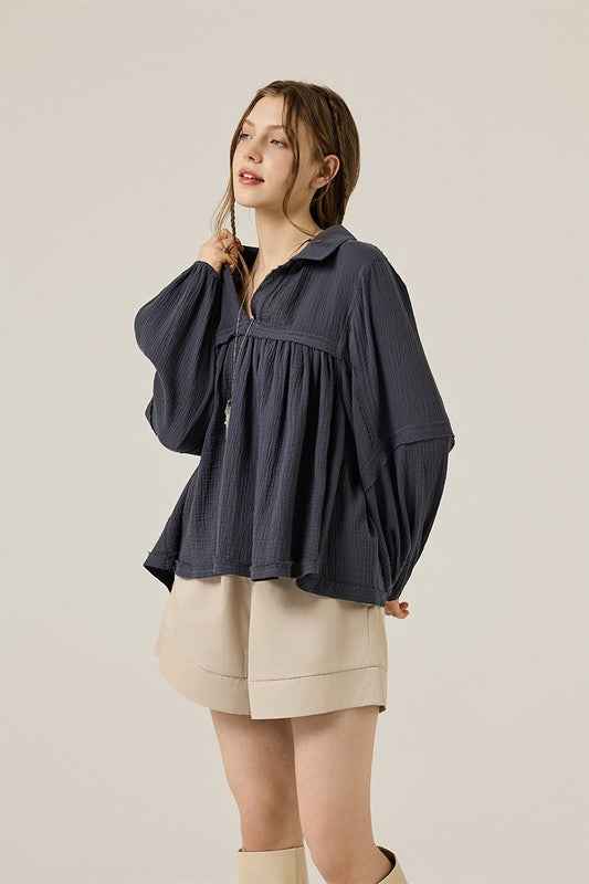 Plus V-neck Bubble Slv Cotton gauze Babydoll Top