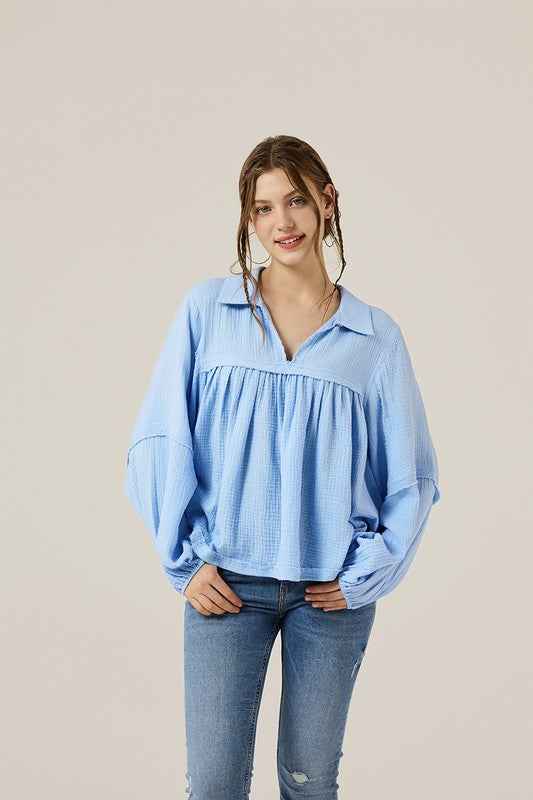 Plus V-neck Bubble Slv Cotton gauze Babydoll Top