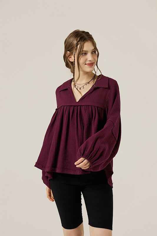 Plus V-neck Bubble Slv Cotton gauze Babydoll Top