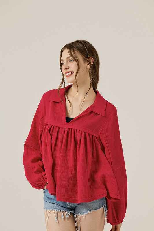 Plus V-neck Bubble Slv Cotton gauze Babydoll Top