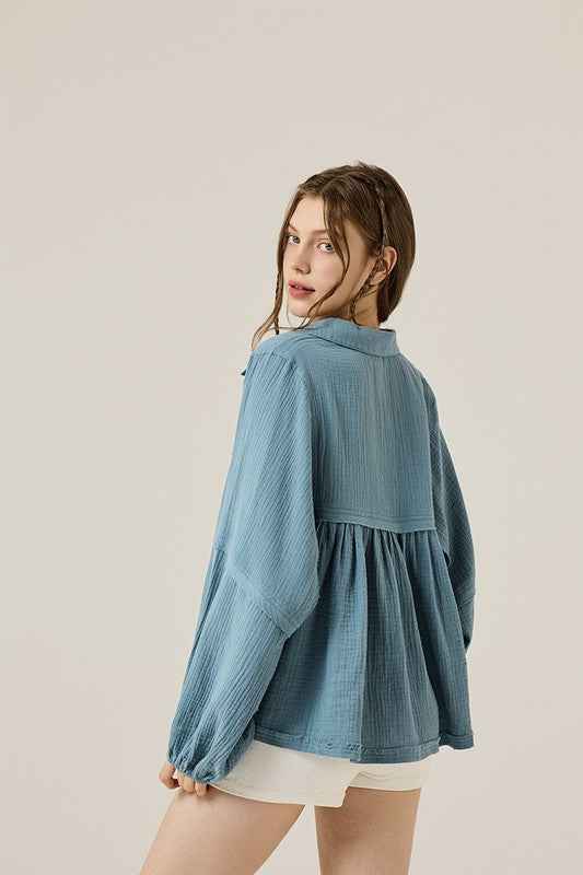 Plus V-neck Bubble Slv Cotton gauze Babydoll Top