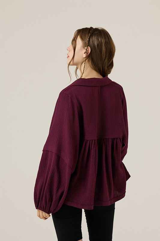 Plus V-neck Bubble Slv Cotton gauze Babydoll Top