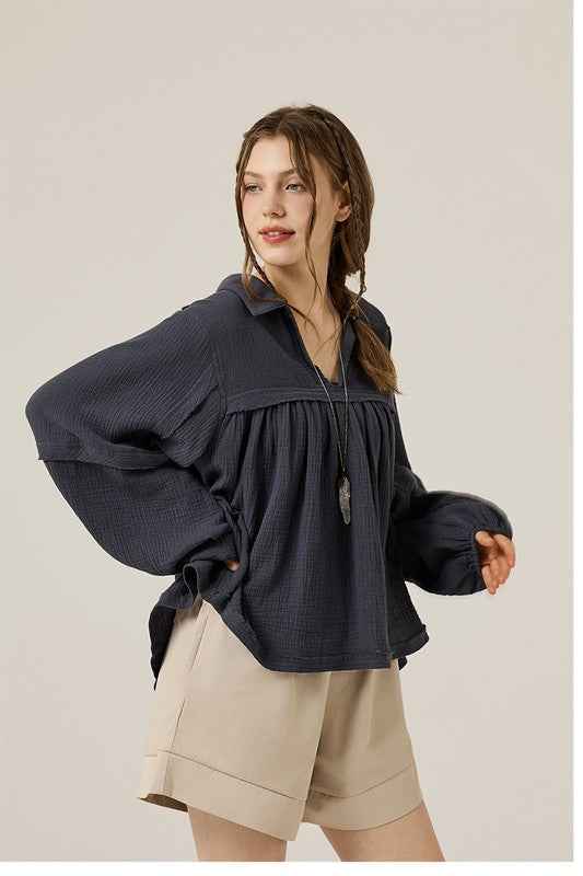 Plus V-neck Bubble Slv Cotton gauze Babydoll Top