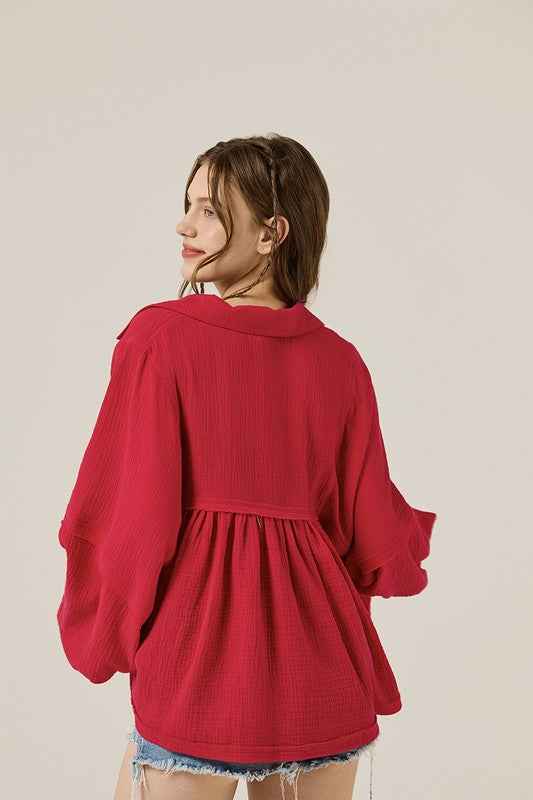 Plus V-neck Bubble Slv Cotton gauze Babydoll Top