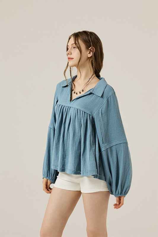 Plus V-neck Bubble Slv Cotton gauze Babydoll Top