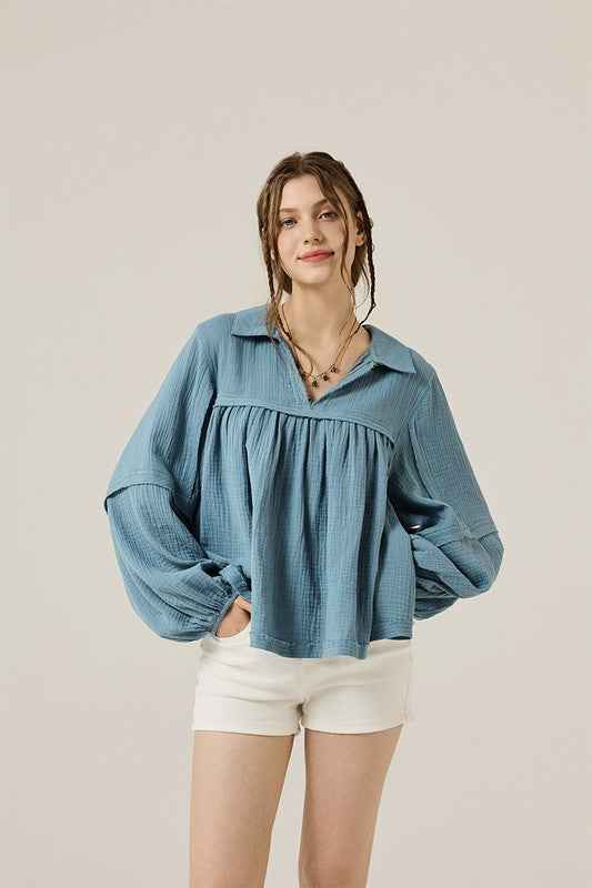 Plus V-neck Bubble Slv Cotton gauze Babydoll Top