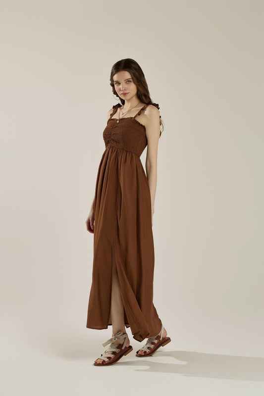 Ruffle straps Smocked top High Slit  Dress