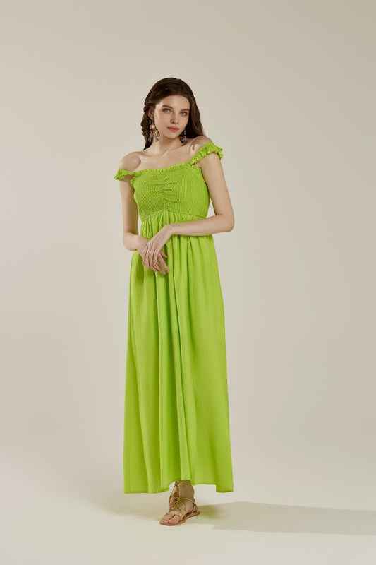 Ruffle straps Smocked top High Slit  Dress