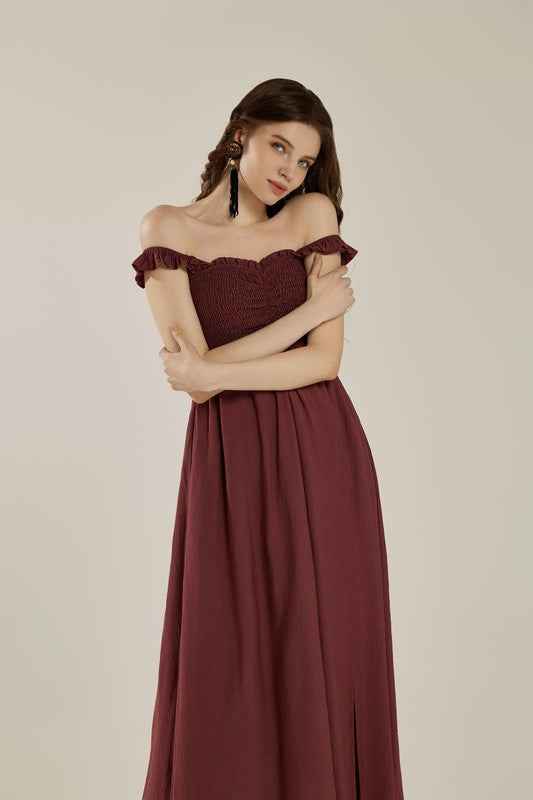 Ruffle straps Smocked top High Slit  Dress