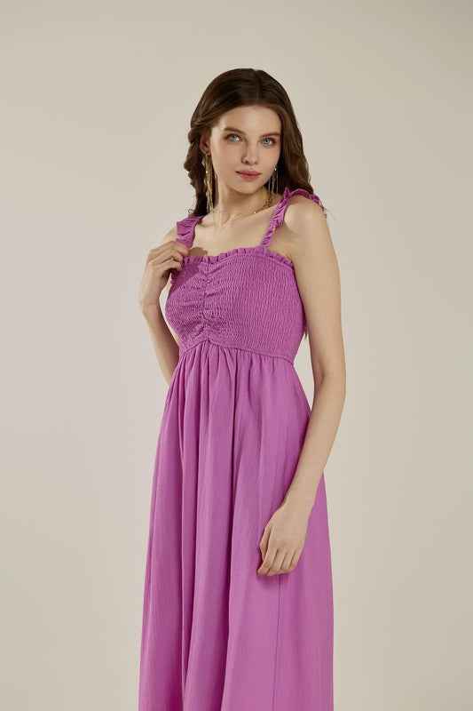 Ruffle straps Smocked top High Slit  Dress