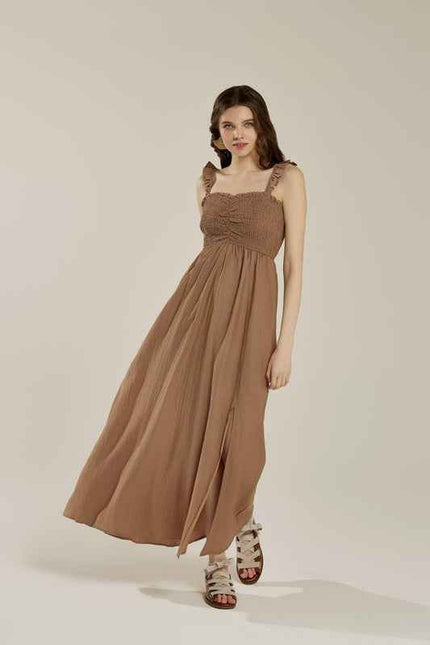 Plus Ruffle straps Smocked top High Slit  Dress