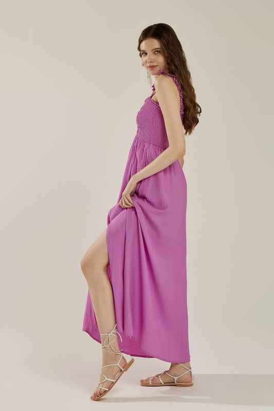 Ruffle straps Smocked top High Slit  Dress