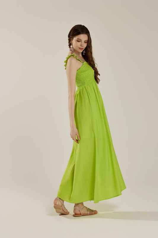 Ruffle straps Smocked top High Slit  Dress