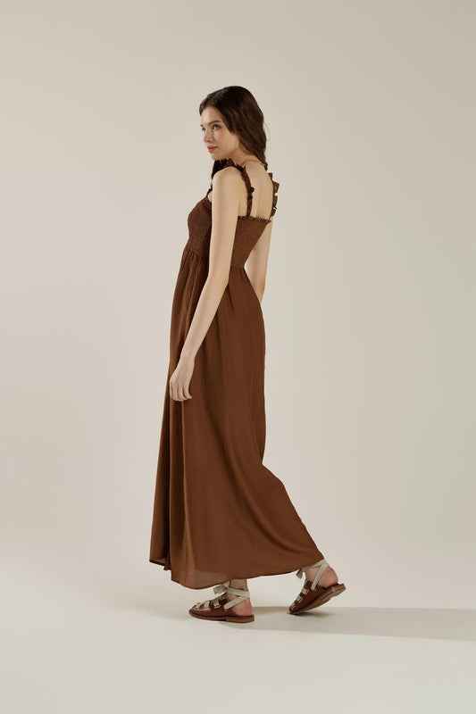 Ruffle straps Smocked top High Slit  Dress