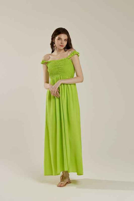 Plus Ruffle straps Smocked top High Slit  Dress