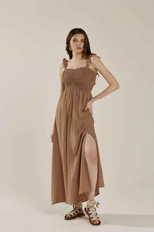 Ruffle straps Smocked top High Slit  Dress