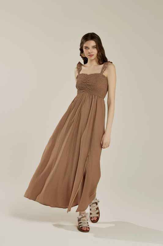 Ruffle straps Smocked top High Slit  Dress