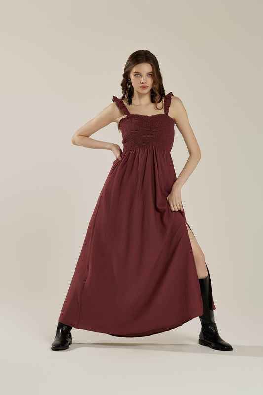 Plus Ruffle straps Smocked top High Slit  Dress
