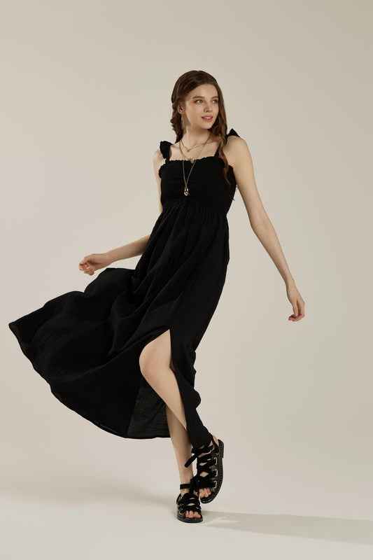 Ruffle straps Smocked top High Slit  Dress